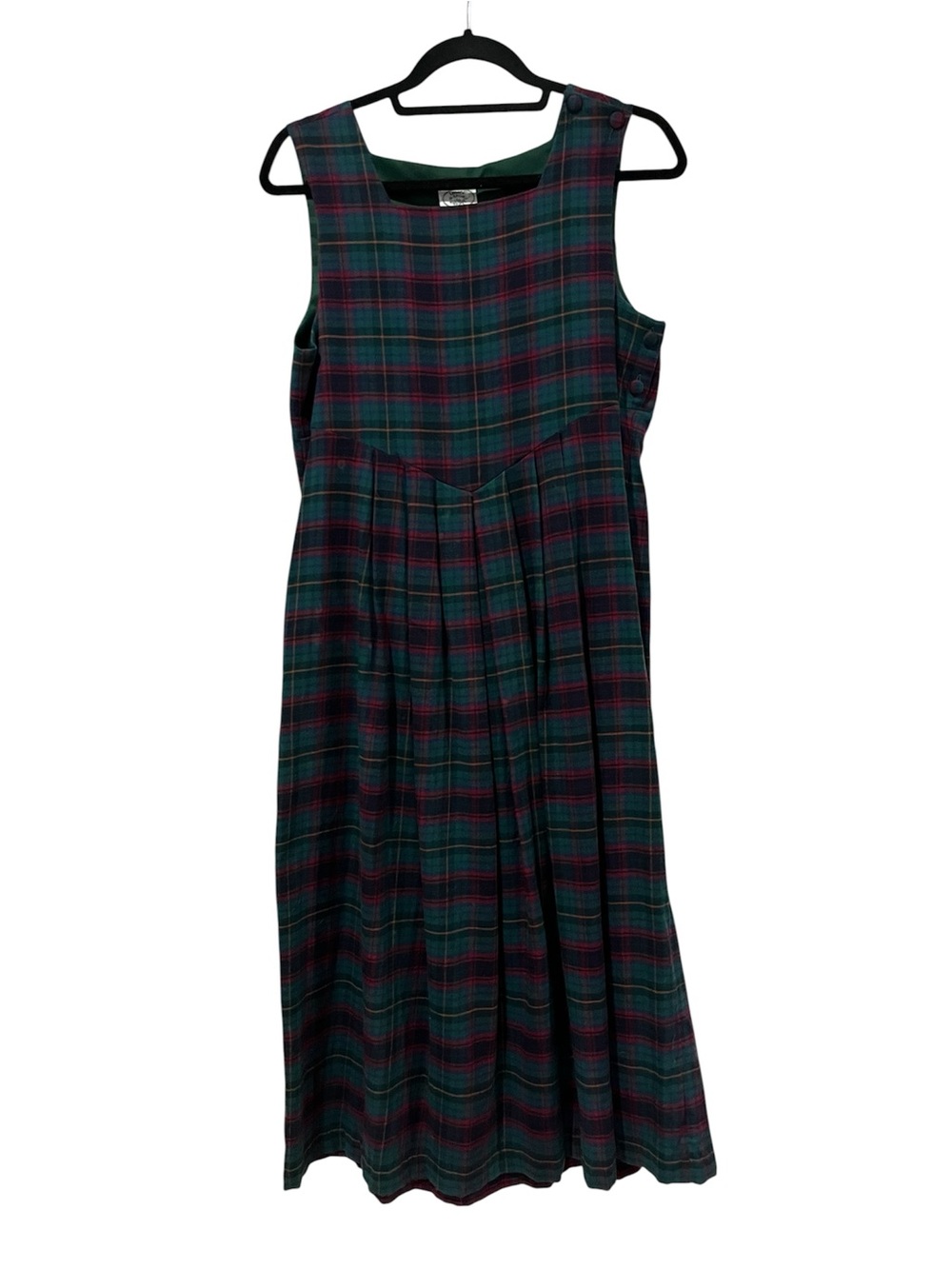 Laura Ashley Sz8 Classic Green Plaid Wool Blend Sleeveless Midi Dress, Jumper